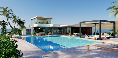Fototapeta premium 3d render of Luxury house with pool and pergola