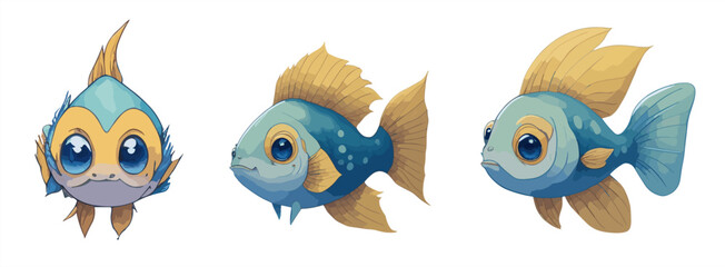 Cartoon fishes set with different poses and emotions. Fish behavior, body language and face expressions. simple cute style, isolated vector illustration.