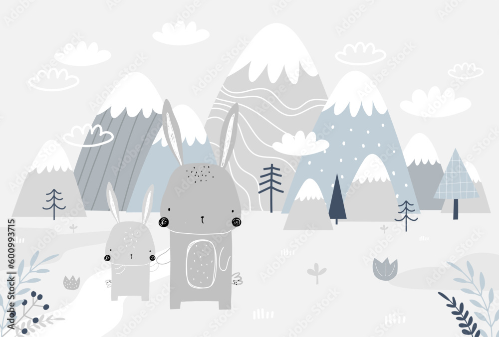 Wall mural vector children hand drawn mountain and cute bunny illustration in scandinavian style. mountain land