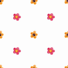 Seamless pattern with small pink and yellow flowers on a white background. Watercolor illustration. Spring. Summer. Print on fabric and paper.Nature. Natural. Blooming. Art. Design.