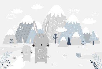 Vector children hand drawn mountain and cute bunny illustration in scandinavian style. Mountain landscape, clouds. Children's forest wallpaper. Mountainscape, children's room design, wall decor. © ZHUKO