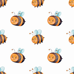 Seamless pattern with cute cartoon bees on a white background. Watercolor illustration. Insects. Wallpaper. Print on fabric and paper. Nature. Summer. Cute. Art. Design. Child.