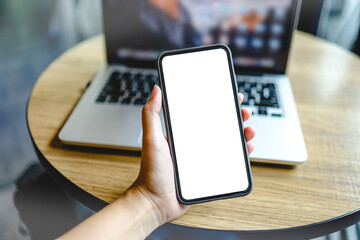 Women's hands holding cell telephone blank copy space screen. smartphone with blank white screen isolated on white background . smart phone with technology concept