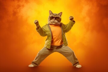 Fototapeta na wymiar Cute Cat with sunglasses dancing isolated on orange background. Generative AI