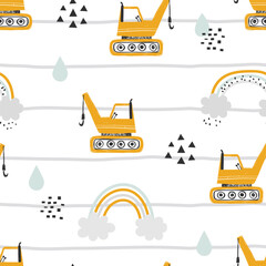 Vector hand-drawn seamless repeating children simple pattern with cars and rainbows in Scandinavian style on a striped background. Kids texture with building equipment. Funny construction transport. 