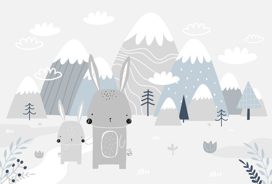 Vector children hand drawn mountain and cute bunny illustration in scandinavian style. Mountain landscape, clouds. Children's forest wallpaper. Mountainscape, children's room design, wall decor.