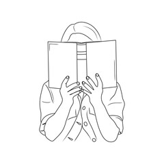 Girl holding open book. Woman reading. Line art. Reading, education concept. Hand drawn vector Illustration.