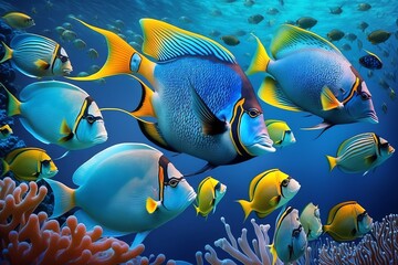 Fototapeta na wymiar Underwater Scene With Tropical Fish. Multicolored fishes in the sea. Tropical fish. Generative AI