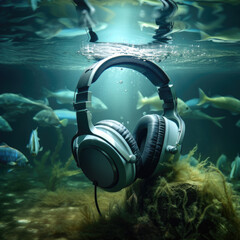 Headphone submerged underwater emitting bubble - Generative AI