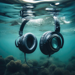 headphone submerged underwater emitting bubble - Generative AI