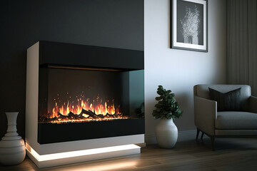 Electric fireplace. Artificial fireplace with burning fire. Modern heating system. Generative AI