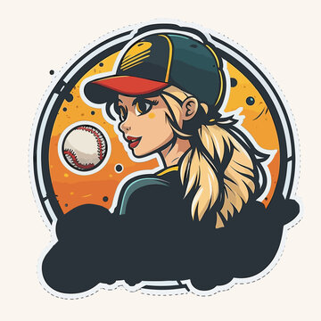 Young girl with a ponytail hitting a baseball off of a tee stand with a bat. cartoon vector illustration, white background, label, sticker