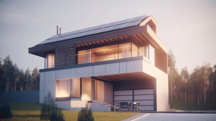 Fototapeta premium Modern house with solar panels on the roof, alternative energy, solar energy Generative AI