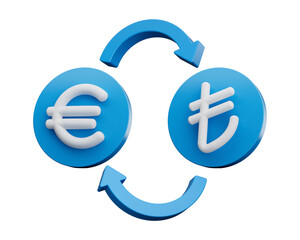 Fototapeta premium 3d White Euro And Lira Symbol On Rounded Blue Icons With Money Exchange Arrows, 3d illustration
