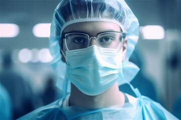 Medicine and profession.Close up of female doctor  in protective facial mask and glasses. Generative AI.