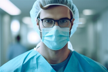 Medicine and profession. Close up of male doctor in protective facial mask and glasses. Generative AI.