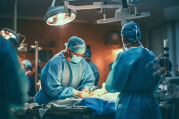 Team surgeon work on operating table in hospital. Generative AI.