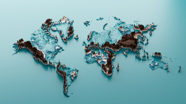 Fototapeta 3d World Map Topographic World Map Isolated On Sky Blue Background, 3d illustration