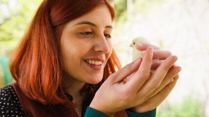 Young woman red hair holds a chick in her hands © Polonio Video