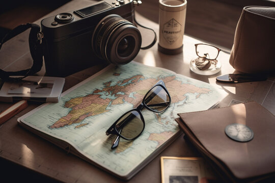 Travel stuff on desktop map, sun glasses, camera, tickets, passport etc  Generative AI