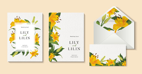 Wedding invitation cards with beautiful yellow lily flowers template.