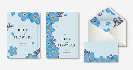 Wedding invitation cards with beautiful blue forget me not flowers template.