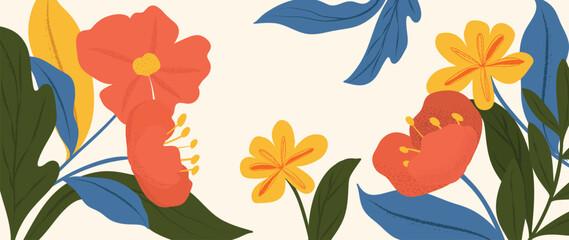 Colorful floral and botanical background vector. Abstract wallpaper of flower, leaf, branches with grunge texture. Exotic plants in summer tone for banner, prints, decor, wall art. © TWINS DESIGN STUDIO