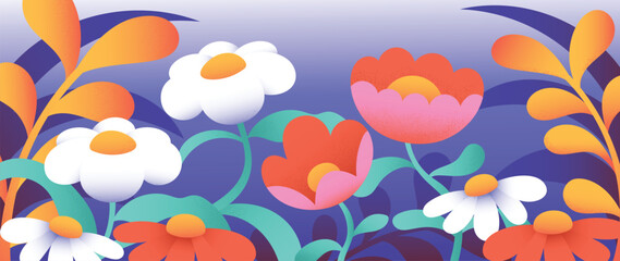 Colorful floral and botanical background vector. Abstract wallpaper of flower, leaf, branches with gradient, grunge texture. Exotic plants in summer tone for banner, prints, decor, wall art.