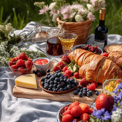 Beautiful picnic prepared at the plaid in sunny garden. Aesthetic stylish breakfast. AI generated photography