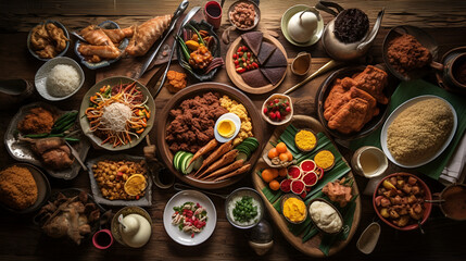 Table with a lot of food, top view
