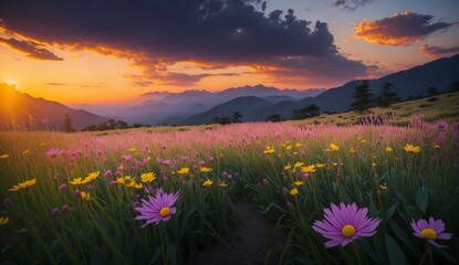 Field of flowers on mountain landscape from Generative AI