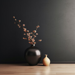 Modern style minimal interior. Trendy vases at wooden floor of light color. Background of dark grey wall. AI generated picture
