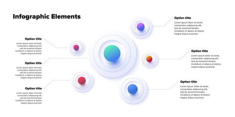 Business process chart infographics with 6 step spheres. Round workflow graphic elements. Company flowchart presentation slide. Vector info graphic in isometric design