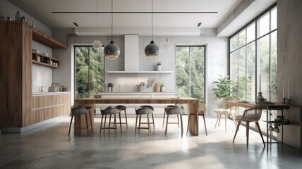 Large bright living room with a kitchen, marble elements, a large number of chairs, large windows, a view of the garden from the windows. Generative AI
