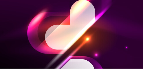 Neon glowing geometric shapes vector abstract background. Round elements, light effects and glass glossy style with color backdrop. Space cosmic or magic energy wallpaper