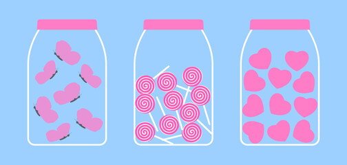 Set of jars with butterflies, lollipops and hearts. Awesome cute vector illustration. Cool flat clip art. Icons for greeting cards, stickers