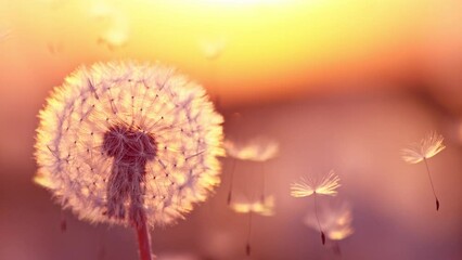 Super slow motion of bloomed dandelion with flying seeds in sunset. Filmed on high speed cinema camera, 1000 fps. Beautiful moody soft sunset light.