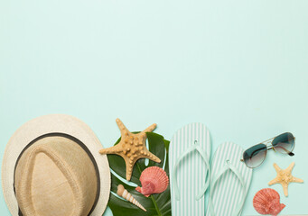 Beach accessories on color background, flat lay