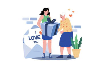 A woman surprises her mother with a heartfelt card and a thoughtful gift to show her appreciation