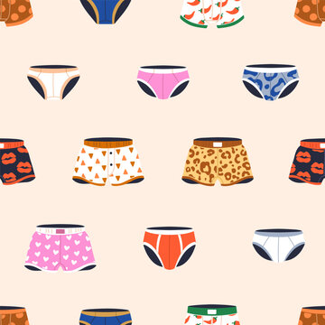 Men underwear, seamless pattern. Panties and boxers, endless background. Underclothes, male trunks, pants, underpants repeating print. Printable flat vector illustration for decor, textile, wrapping