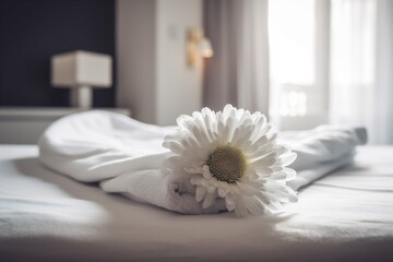 Fototapeta na wymiar spa towel comfortable window bath flower welcome modern bed bedchamber. Generative AI.