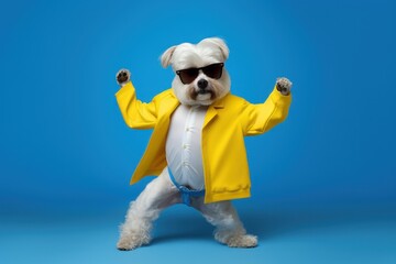 Cute Dog with sunglasses dancing isolated on blue background. Generative AI