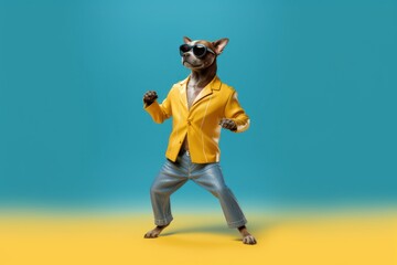 Cute Dog with sunglasses dancing isolated on blue background. Generative AI