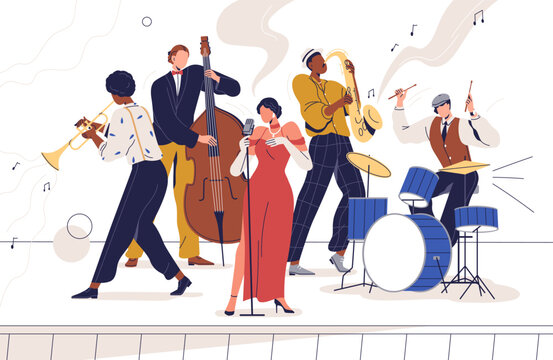Jazz band performing music. Musicians playing instruments, singer singing song on stage. Blues group performance, concert with saxophone, drums. Flat vector illustration isolated on white background