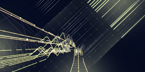 Abstract background wavy lpoly grid with white wireframe on dark. Technology concept with blurred lines in virtual space. Big Data. Banner for business, science and technology data analytics.