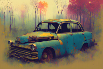"Experience the allure of forgotten history with our captivating abandoned vintage cars in woods art. Perfect for any modern space."