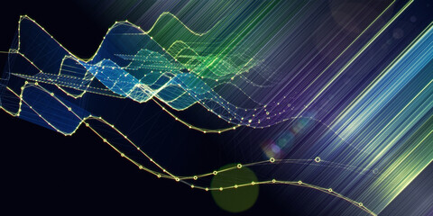 Abstract background graph  wavy color lines with dots and glow on dark. Big Data. Technology wireframe interlacement concept in virtual space. Banner for business, science and technology .