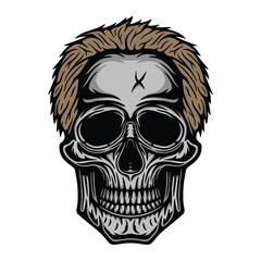 Vintage Retro woodcut linocut engraving barber shop element. Scary halloween skull hipster. Can be used for logo, emblem, badge, mark, poster design. Monochrome Graphic Art. Vector
