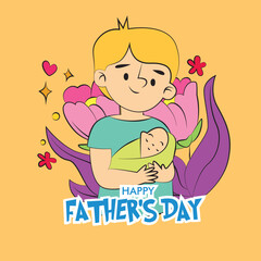 father's day illustration with dad hug baby and floral frame