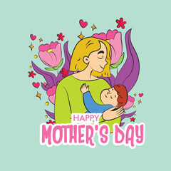 mother's day illustration with mom hug baby and floral frame
